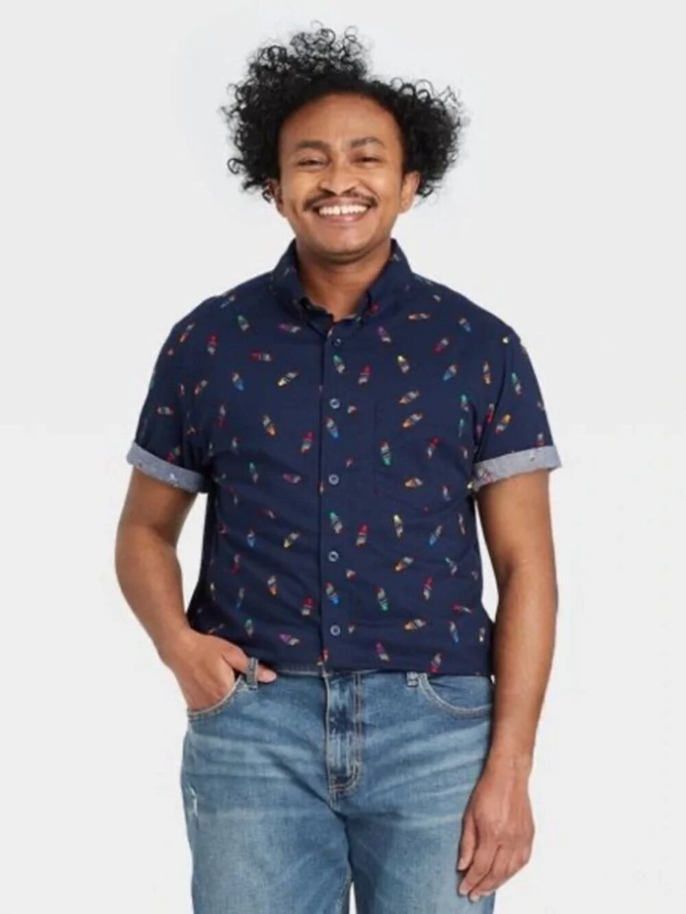 Rainbow Ice Cream Cones Navy Shirt Unisex Pride Button Short Sleeve XL